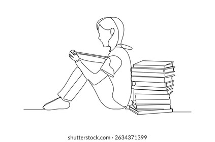 Continuous line drawing child girl sitting and read a book. Single line concept of education. Vector illustration sketch editable stroke