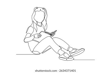 Continuous line drawing child girl sitting and read a book. Single line concept of education. Vector illustration sketch editable stroke