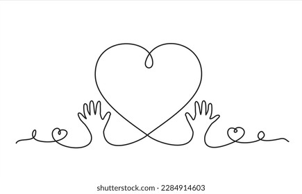 continuous line drawing of child hands and heart, hug. Vector