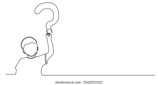 continuous line drawing of a child holding a question mark.one line drawing of a child holding a question mark above his head.single line vector illustration.isolated white background