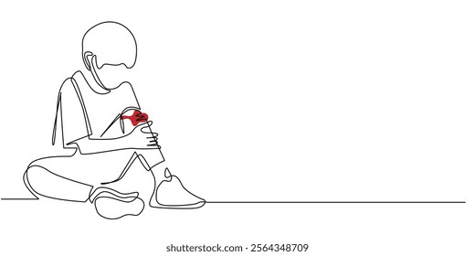 continuous line drawing of a child holding an injured knee.one line drawing of a boy falling.single line vector illustration.isolated white background