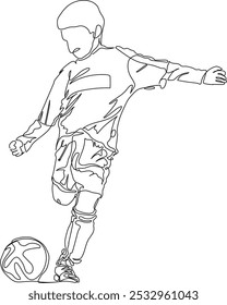Continuous line drawing of a child kicking a soccer ball, line art, vector