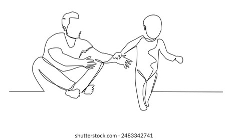 continuous line drawing of a child learning to walk. The first day the child walks and is accompanied by his father. Development of a toddler. One vector line drawing.