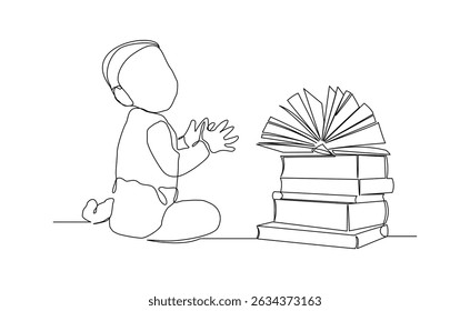 Continuous line drawing child little baby adorable toddler sitting and read a book. Single line concept of education. Vector illustration sketch editable stroke