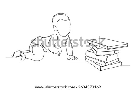 Continuous line drawing child little baby adorable toddler sitting and read a book. Single line concept of education. Vector illustration sketch editable stroke