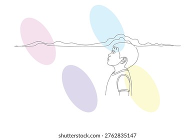 Continuous line drawing of a child looking up at the sky with abstract pastel shapes, representing innocence, dreams, and a hopeful outlook on life.