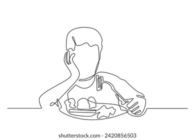 continuous line drawing of a child losing his appetite.single line of a child having no appetite.