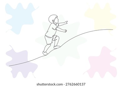 Continuous line drawing of a child reaching upwards, representing growth, aspiration, and the boundless energy of youth, with pastel star shapes.