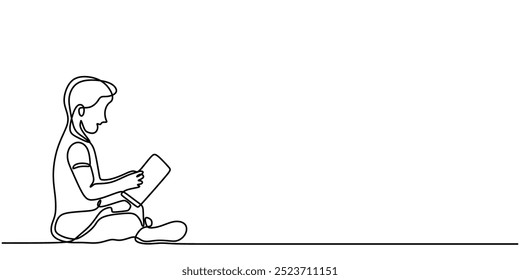 Continuous line drawing of a child reading a book. A clean depiction of learning and imagination. Vector illustration.