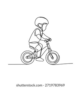 A continuous line drawing of a child riding a bicycle outdoors