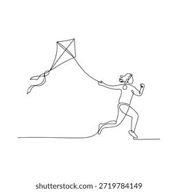 A continuous line drawing of a child running with a flying kite