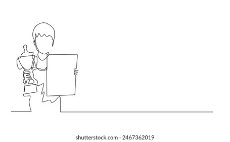 continuous line drawing of a child showing a certificate and trophy. one line drawing of an outstanding child. single line vector illustration