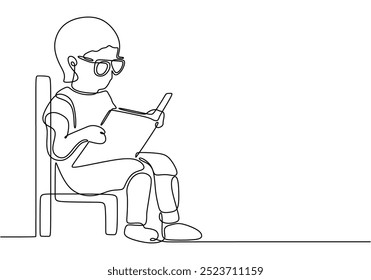 Kontinuierliche Linienzeichnung eines Kindes, das auf einem Stuhl sitzt und liest. Sauberes Design, das Bildung und Fokus repräsentiert. Vektorgrafik.