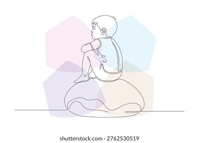 Continuous Line Drawing of a Child Sitting and Gazing Outward, Minimalist Illustration with Pastel Background Shapes, Kid's Artwork Concept
