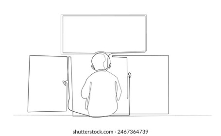 continuous line drawing of a child watching television. one line drawing of a boy sitting in front of the television. single line vector illustration of a child's favorite show.