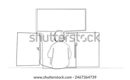continuous line drawing of a child watching television. one line drawing of a boy sitting in front of the television. single line vector illustration of a child's favorite show.