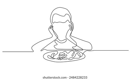 continuous line drawing of a child who is lazy about eating. one line drawing of a child who has no appetite. looking at food.single line vector illustration.isolated white background