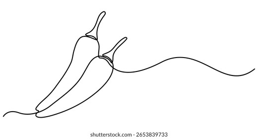  Kontinuierliche Linienzeichnung von Chilischoten mit einer Linie, weißem Hintergrund, Gemüsekonzept. Grafikdesign, Vektorgrafik.