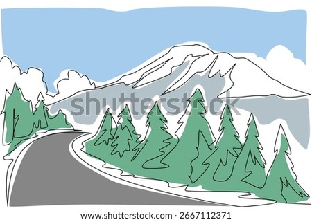 Continuous line drawing of Chimborazo with snowy peaks and green pine forest, reflecting Chimborazo Day in a fresh nature concept celebration artwork.
