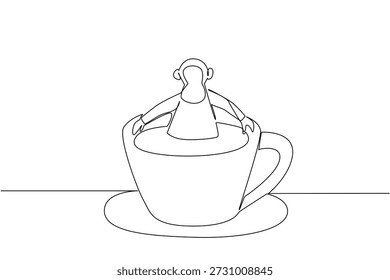 Kontinuierliche Linienzeichnung von Schimpansen zeigt süße Tier Einweichen in Kaffeetasse für Naturkonzept. Einzigartiges Design bietet Primaten für einen internationalen Affentag Thema in Kunst und Kinder Malbuch