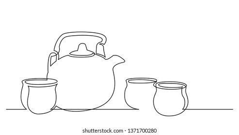 continuous line drawing of chinese tea pot and tea cups