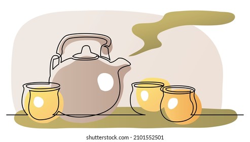Continuous Line Drawing Of Chinese Tea Pot And Tea Cups
