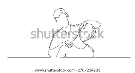 Continuous line drawing of a chiropractor assisting a patient. Single-line illustration depicting physical therapy, spinal adjustment, wellness care, rehabilitation, and medical treatment themes.