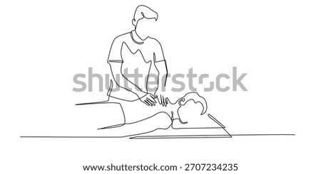Continuous line drawing of a chiropractor assisting a patient. Single-line illustration depicting physical therapy, spinal adjustment, wellness care, rehabilitation, and medical treatment themes.