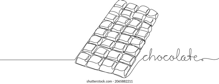 Continuous line drawing of chocolate bar with text CHOCOLATE. Minimalistic art.