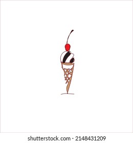 Continuous line drawing. Chocolate ice cream with cherry in a cone. Illustration icon vector