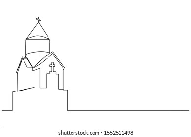 Continuous line drawing of Christian churches building concept, symbol, construction, vector illustration simple.