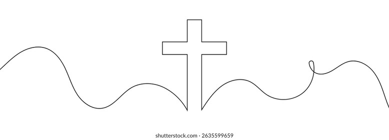 Continuous line drawing of Christian cross. Religious cross one line icon. One line drawing background. Vector illustration. Cross black icon .