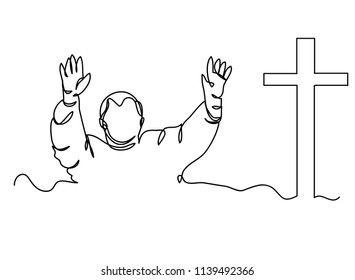 Continuous line drawing of Christian prayer, vector illustration.