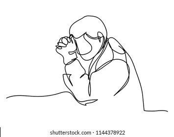 Continuous line drawing of Christian prayer, vector illustration.