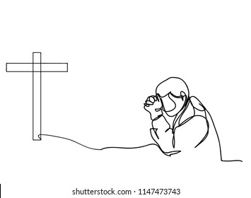 Continuous line drawing of Christian prayer, vector illustration.