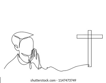 Continuous line drawing of Christian prayer, vector illustration.