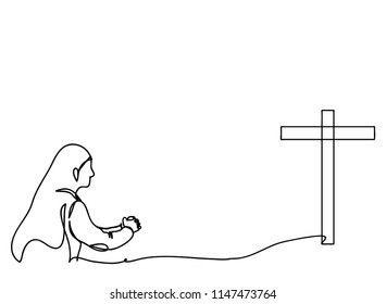 Continuous line drawing of Christian prayer, vector illustration.
