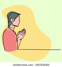 Continuous line drawing of Christian prayer, vector illustration.