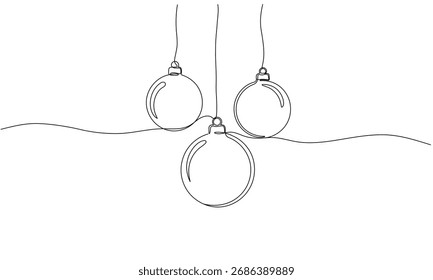 Dibujo de línea continua de decoración de bolas de Navidad. Concepto de arte de una línea de decoración de árboles de pino para Navidades alegres y feliz año nuevo tarjeta de felicitación. Trazo editable
