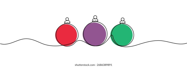 Dibujo de línea continua de decoración de bolas de Navidad. Concepto de arte de una línea de decoración de árboles de pino para Navidades alegres y feliz año nuevo tarjeta de felicitación. Trazo editable