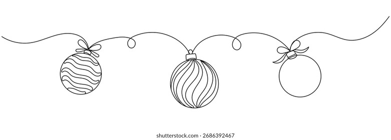 Dibujo de línea continua de decoración de bolas de Navidad. Concepto de arte de una línea de decoración del árbol de pino para Navidades alegres y feliz año nuevo tarjeta de felicitación