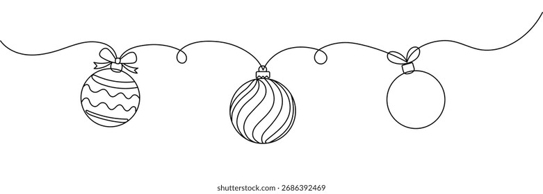 Dibujo de línea continua de decoración de bolas de Navidad. Concepto de arte de una línea de decoración del árbol de pino para Navidades alegres y feliz año nuevo tarjeta de felicitación