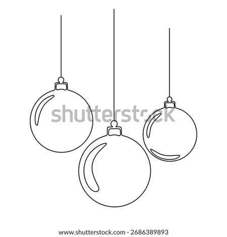 Continuous line drawing of Christmas balls decoration. One line art concept of pine tree decoration for merry Christmas and happy new year greeting card. Editable stroke