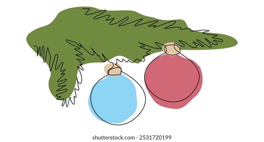 Continuous line drawing Christmas card with Fir branches, christmas balls. Vector Line art illustration for greeting card, invitation. Winter holidays poster, Decoration, Happy new year Design Element