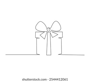 Continuous line drawing of Christmas Gift box with ribbon. Festive present and Wrapped surprise package in simple linear style. Doodle vector illustration