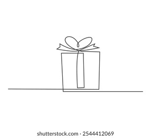 Continuous line drawing of Christmas Gift box with ribbon. Festive present and Wrapped surprise package in simple linear style. Doodle vector illustration