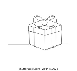 Dibujo de línea continua de la caja de regalo de Navidad con la cinta. Regalo festivo y paquete sorpresa envuelto en estilo lineal simple. Ilustración vectorial Doodle