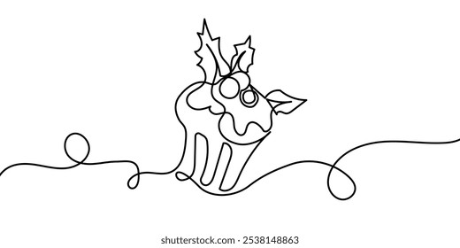 Continuous line drawing of Christmas muffin, cupcake. Sweet pastry, cake in cup, bakery dessert in Christmas design