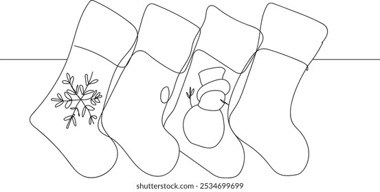 Continuous line drawing of Christmas stockings, line art, vector