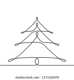 Continuous line drawing of christmas tree, Black and white vector minimalistic linear illustration made of one line